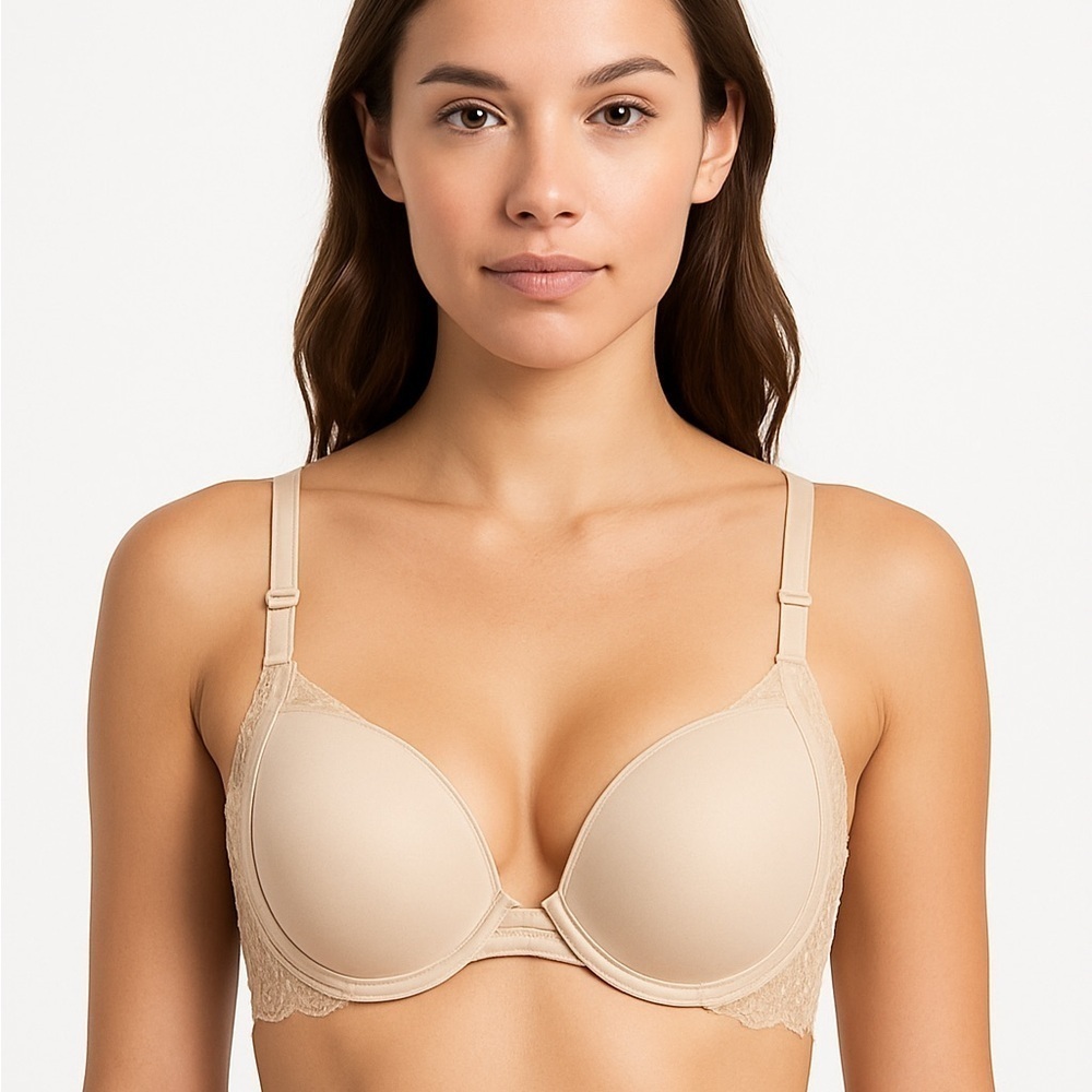 Victoria’s Secret Romantic Lace Underwire Bra 36DD Beige Nude Padded Adjustable